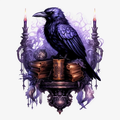 Watercolour dark fantasy black royal gothic deadly nightshade raven stood on dark magic books with deadly nightshade lantern magnificent gothic raven mesmerising compelling features perfect magnificent detailed wings beautiful compelling realistic eyes ultra highly detailed, 18k, sharp focus, bright photo with rich colours digitally enhanced, enhanced graphics, straight, sharp focus, bright lighting, intricate detailed png image ,high definition,300dpi,graphic clipart,computer graphics