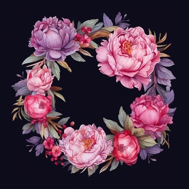 framed by thin border, wide view, central composition, fit in shot, full length, uncropped ,watercolor peonies wreathes, clipart, vector, dark background