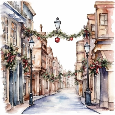 Christmas street, Ornamental watercolor, clipart, I can't believe how beautiful this is , style by Lucy Fleming, watercolor, smooth gradients, black contour outline, ultra detailed, clipart elements, delicate pastel colors, solid white background, super clear, high quality