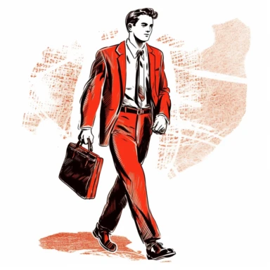 business man walking, vintage style clipart, hand drawn, white and black and red color scheme
