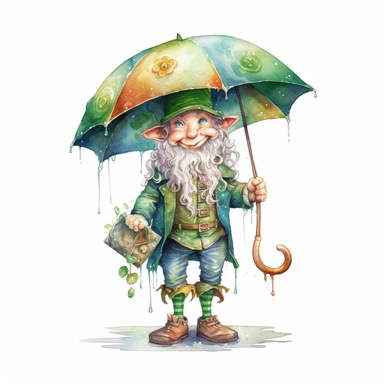 Cute Adorable magical little leprechaun holds laterally a umbrella in his hand wears a raincape and stand in the rain on a country road, clipart, photorealistic illustration, watercolor, high detail, 8k polished, 8k, vibrant colors, white background