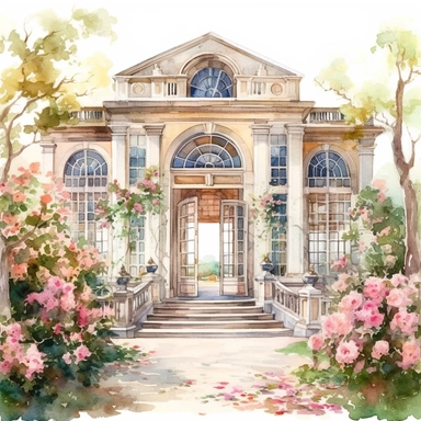 A charming watercolor painting of a library building with unique architectural details. clipart beauty and the beast, belle and beast walking in the garden watercolor, white background, high quality, light pastel colors, romantic, delicate, feminine, florals, lots of details, hyperrealistic