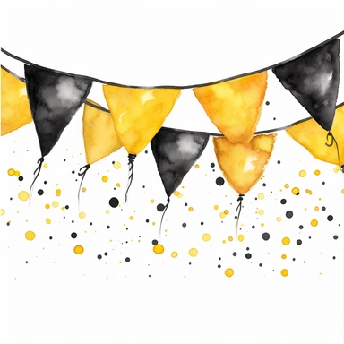 watercolor yellow and black birthday banner drawing, illustration clipart, high detailed, white background, digital art