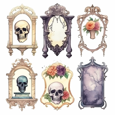 Vintage geometric frames set. Grave stone design decorated with skulls, cross and flowers. Casket clip art isolated on white background. Halloween festive ornaments. Spiritual elements clip art. Watercolour