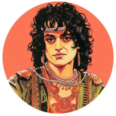 desert Persian Irish civilian, Josh Kirby Mad Max Lord of the Rings, handpainted enamel punk zine indie retrowave, clipart illustration, circle white background, circle border