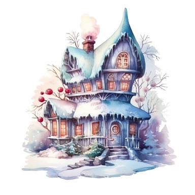 winter, snow, frozen, cute Cottagecore fairy house Clipart, watercolor, white background with margins