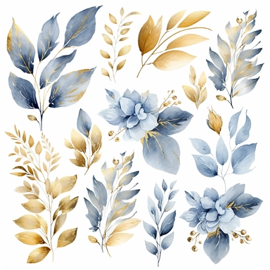 watercolor dusty blue and gold floral leaves clipart for wedding invitation card, hd, detailed, pastel color, clean line, on white background, spaced out