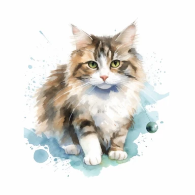 Playful watercolor cute norwegian forest cat clipart, isolated on white background, hd