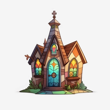 a little cartoon church, pixar, clipart, stained glass windows, cross on top, blank background, sharp lines, 8k