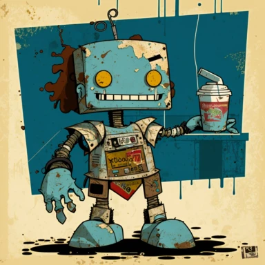 garbage pale kids format, pop surrealism digital art image of broken down, old, rusting, cartoonish, humanoid robot wearing tattered, McDonalds style uniform, made of human clothing. The robot is in an art style inspired by artists like Tara McPhereson, Nooligan, and Robin Eisenberg. To be used for digital clipart. Use dull, 1970's style, yellow, green, brown color scheme for the robot. The robot works at a fast food restaurant and is serving a giant footlong sandwich from behind the counter of 