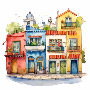 Very cute and Whimsical street of Mubai city, cute houses, folkloristic La Boca neighborhood, beautiful, Watercolored illustration, clipart, white background