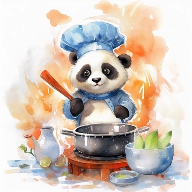 Create a watercolor illustration clipart of a playful cute Baby Panda Cooking with chef hat, with its full body visible. Use soft, flowing brushstrokes and a warm, inviting color palette to create an image that is both charming and whimsical. Incorporate intricate details like the motion of Baby Panda Cooking with chef hat to create a lifelike, realistic image. Can add other elements to the illustration like related item to play to create playful scene. Use white background to allow the watercol