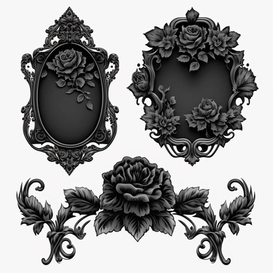 isolated image on white background, Ornate Black Rose Frames Clipart, vintage antique royal frames with decorative Gothic Baroque scrolls