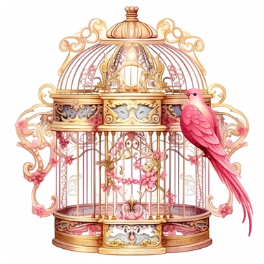 victorian style birdcage with ornate details and decorative element inside and vintage feel and intricate scrollwork and filigree patterned and with elegant curves clipart isolated on a white background, budgerigar birds, clean edges around image, in the style of realistic watercolors illustrations, blush pink cream and soft shiny gold pastel color palette, in brush style of Willem Haenraets, feminine sensibilities, detailed illustrations, heavy shading, delicate painterly touch, 300 dpi