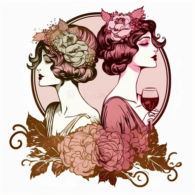 1920 fashion flapper women drinking Wine, Ladies Clipart, French wine clip art graphics with fashion women and rose wine, elegant, pretty, pinkish, on white background