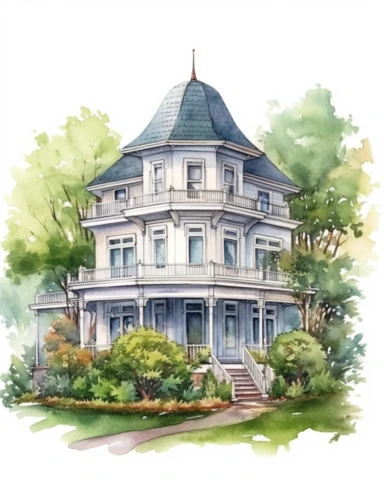 Watercolor clipart huge victorian house with conical roof, with lush garden, realistic, isolated on white background
