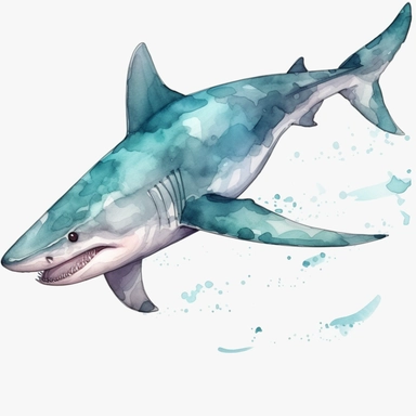 watercolor, Hammerhead Shark turquoise body png Full body realistic cartoon in 32K UHD cute. 15 cm thick outline. There was no shadow on the ground. 8k with realistic watercolors and detailed illustrations. PNG clipart, transparent white background