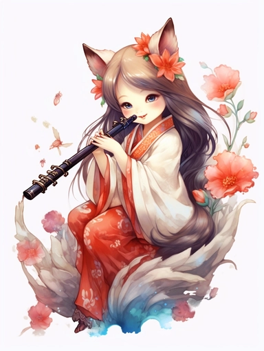 Chibi style, chibi style, Chinese traditional illustration, hill, Fox - faced girl in white, Playing the flute, Peony flowers beside, High quality, Super high image quality, Rich in detail, , a beautiful painting by Alphonse Mucha, clipart png, realistic, digital painting,fantasy style, realistic, painting, watercolor, 8k, ultra details,