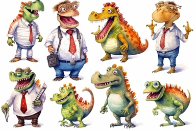 Watercolor clip art of cartoon dinosaur morons ,for kids , sticker set, vector, hilarious, idiotic, vector, exquisitely detailed,