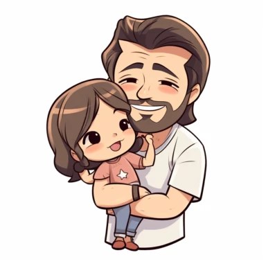 Cute happy chibi Dad and daughter clipart, white background
