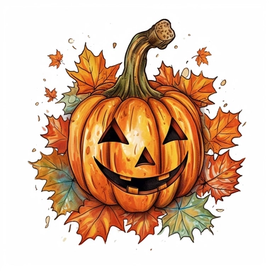 cute hand drawn png clip art color art of jack o’ lantern with fall leaves