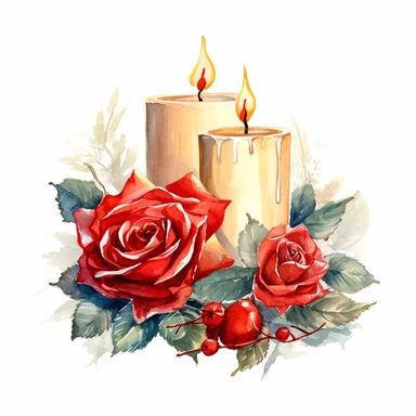 watercolor, white background, clipart, watercolor, white background, ultra-realistic and hyper-detailed clipart beautiful cozy candle with red roses, red and rich gold hues