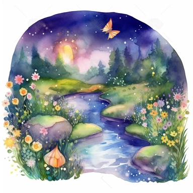cartoon fairy glen by the River, grass and flowers line the sides if the river, glowing lights and sparkles, colors of green purple gold and blue, glamorous realistic and detailed, watercolor, white background with margins, clipart style