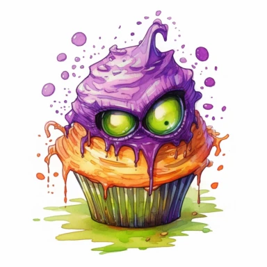 delicious halloween cupcake with brains, eyeballs and teeth, watercolour illustration clipart, extremely detailed, 4k, high quality, colour scheme black, purple, lime green, orange, isolated on white background