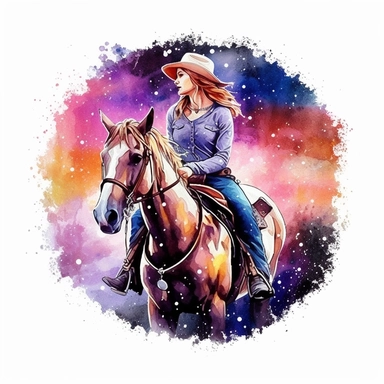 barrel racer illustration, nebular mix background, clipart, photorealistic illustration, watercolor, high detail, 8k polished, 8k, vibrant colors, sticker, majestic, die cut, white background