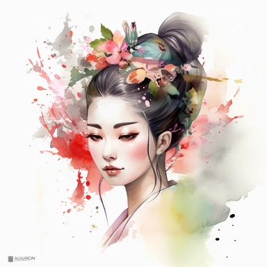 watercolour clipart of beautiful Japanese Geisha Watercolor Clipart Bundle, hair tucked behind pointy ears, detailed character illustrations, fantasy illustration, close - up, multilayered realism, goblincore, delicate flowers, forest greenery, enchanted, pretty, majestic, magical, detailed, face only, UHD, 8K, 3D, solid white background