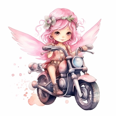 Cute little biker fairy with sitting on her motorcycle pink watercolor Clipart