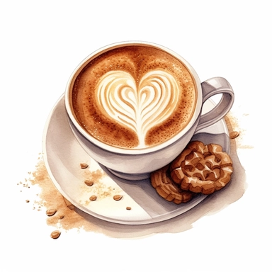 Isometric illumination of commercial shot of ultra - realistic watercolor painting of a really delicious coffee with a biscuit, cappucino art heart clipart, good looking food, delicious, yummy, foodie, healthy, white background no text, isolated on white, watercolor illustration, award winning, strong and sharp lines, upscale