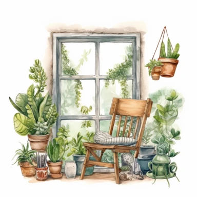 A boho style home working corner with watercolor effect, boho style tools, boho style big window, , boho style details, boho colors, suitable for digital clipart, white background, boho style green plants, boho flowers