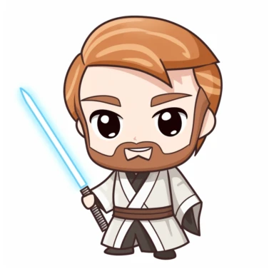 obi wan kenobi, kawaii clipart, with lightsaber in his hands, white background