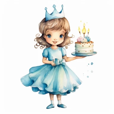 watercolor little princess clipart, blue tone colors, big eyes, smiling, lovely, adorable, wearing crown, holding a piece of brithday cake, full body, on white background