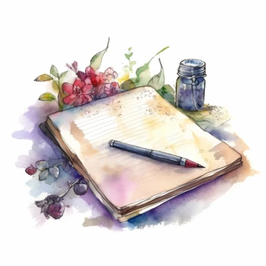 Writing journal: A writing journal is a writer's best friend. It's a place to capture ideas, dreams, and musings. Watercolor illustration with photorealistic high details clipart, white background