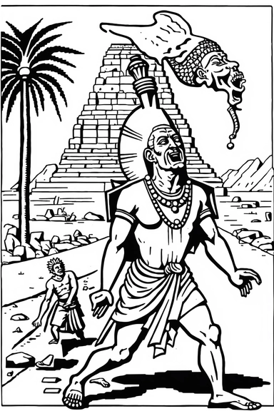 A Biblical Egyptian guy push down to the ground a Biblical Egyptian, clipart, ultra detailed, near the pyramids, no masks on the face, coloring pages, black and white