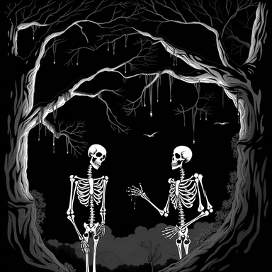 three skeletons hanging from black trrees in a cemetery, halloween night, clipart, cartoon style--q2--v5.1--1000