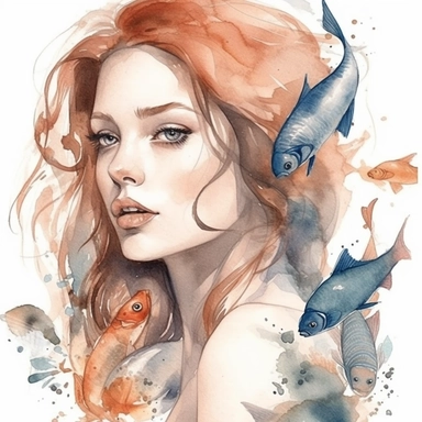 watercolour clipart beautiful woman with two fish. Watercolor effect. The clipart should be of the highest quality, with great detail, clear outlines and lines, gentle pastel colors, and should be elegant and beautiful, white background, without watermarks