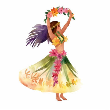 Watercolor A traditional hula dancer in a grass skirt and flower lei clipart, Minimalist, isolated white background, 8k