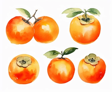 watercolor four Persimmon fruits clipart, flat style, no volume, few details, washed out, minimalistic style, very lose details, very light colors, transparent colors, light airy hues and pastel tones, spaced out, white background, washed out colors and paint, hand-painted watercolor, watercolor spray, watercolor splash, splatters and paint smudges on top of each Persimmon, watercolor paper with visible rough paper texture, a variety of watercolor brushes, do not cross workspace borders, rough w
