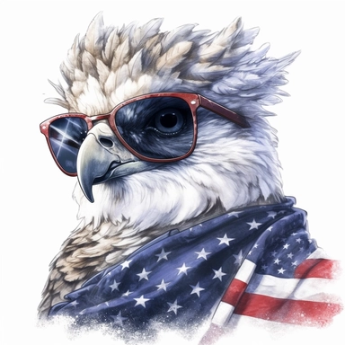 medium shot, low angle, watercolor style, Harpy eagle, wears American flag scarf and sunglasses, hyper-realistic animal illustrations, 2d game art, quadratura, clipart, on white background,