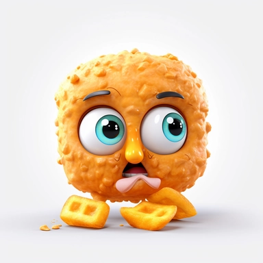 cute fried Nuggets character. Nuggets, cartoon, eye, illustration, funny, character, fast food, food, unhealthy, cute, face, fun, goofy, three-dimensional , Clipart, white isolated background, space out, hd, 8k, realistic