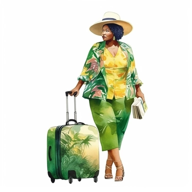 Realistic watercolor full body glamourous plus size, fat black, woman, 35 year old lady with luggage, bag, summer hat, green clothes, clipart, cozy, bright warm colors, character design, highlydetailed, full body, isolated on white background