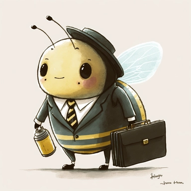 watercolor and pencil drawing of an anthropomorphic bumble bee, looking busy in a business suit and holding a briefcase, happy, gentle smile, beautiful watercolor ink wash coloring, thick pencil lines, Hayao Miyazaki, watercolor illustrations clipart, watercolor illlustrations for kids and children, plain white background v 4, ar 4:5