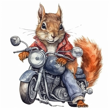 squirrel riding on harley davidson, motorcycle gang outfit, handpainted,watercolor, vector, clipart, clean white background
