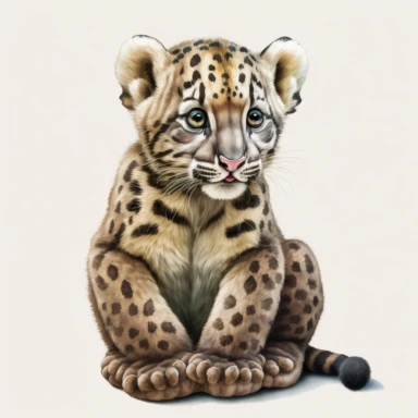 watercolour painting of a super cute happy baby clouded leopard sitting with head tilted looking at us, front facing, front view, face-on, looking at viewer, portrait, full body shot, clipart, white background, realistic