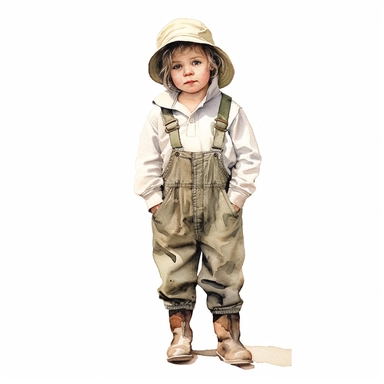 clipart, Watercolour, hand drawn, highly realistic, muted tones, beautiful, little boy in farm clothes, about 2 years old, whole boy body and clothes, white background, front facing, just boy nothing else