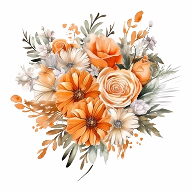 one watercolor wedding bouquet clipart on a white background, in the style of light Orange and white, intricate floral arrangements, white and bronze, intricate embellishments, sterling silver highlights, bold traditional, blurry details , no watermark, text, 300 DPI , typography, shapes do not stick together, no text in the picture, on a white background
