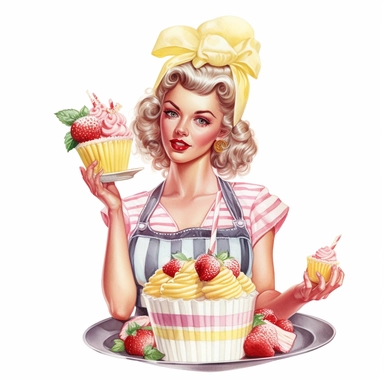 Hand drawn pin up woman, wearing a yellow bakers hat, pink and white striped apron, holding lemonade cake with lemons, with strawberries and blossoms, glamorous, half body, very detailed and realistic, watercolor, white background with margins, clipart style